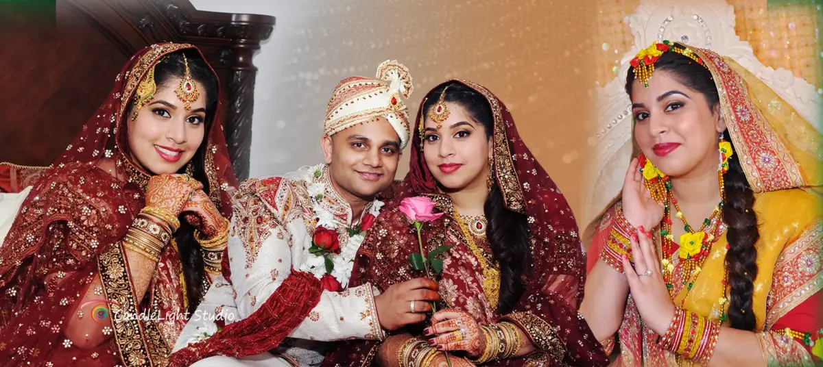 Bride and groom in traditional Indian attire captured by CandleLight Studio's Indian Wedding Photography Services.